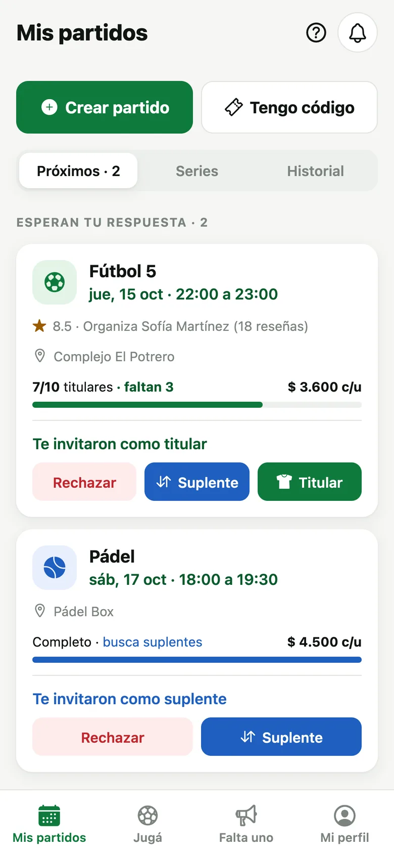 Pantalla Mis partidos con invitaciones para responder
