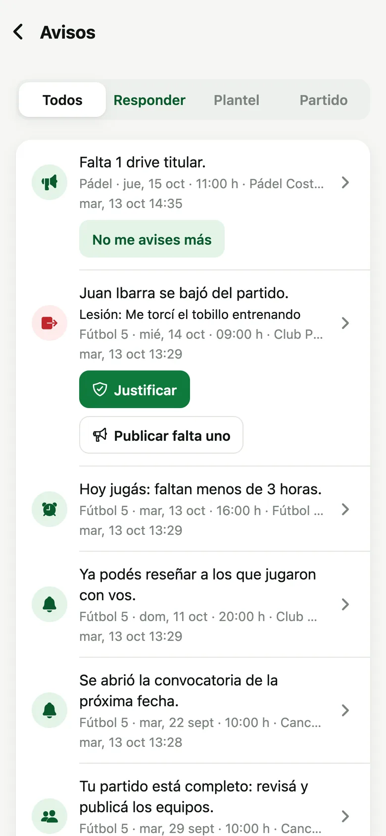 Bandeja de avisos con notificaciones de partidos