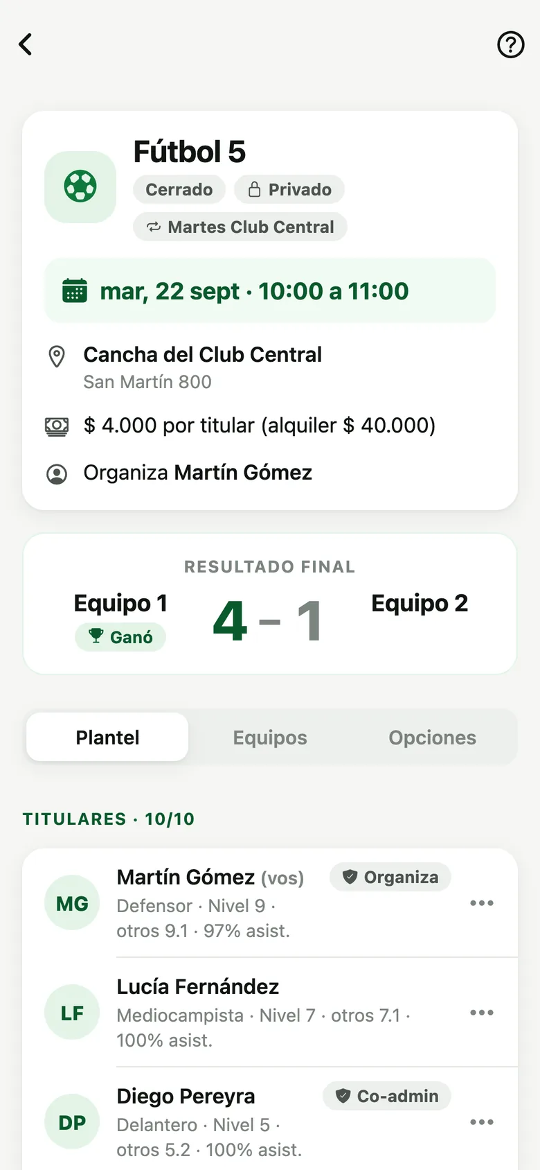 Partido con el resultado final 4 a 1